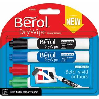 Berol whiteboard marker, rund spids 2mm, blister med 4 stk., assorteret farver