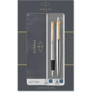 Parker Dobbelt Jotter-gavesæt med kuglepen og fyldepen, rustfrit stål med detaljer i guld, patron med blå blæk og patroner, gaveæske