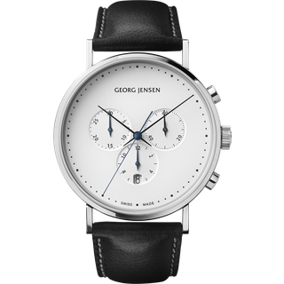 KOPPEL - 41mm, Chronograph, hvid urskive, sort læderrem, Georg Jensen, Sort kalveskind / Rustfrit stål