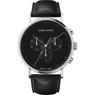 KOPPEL - 41mm, kronograf, sort urskive, sort læderrem, Georg Jensen, Sort kalveskind / Rustfrit stål
