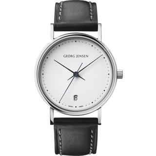 Georg Jensen Koppel - HK321dameur i stål med hvid skive og sort læderrem Ø32