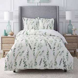 Pointehaven 3-delt senget?jsdynes?t med knaplukning 250 tr?dantal 100% k?mmet bomuld Gr?n Eucalyptustrykt dynes?t med bindeb?nd All Season King/C