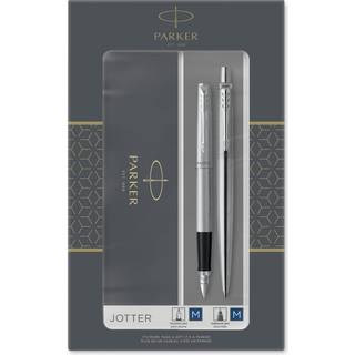 Parker Dobbelt Jotter-gavesæt med kuglepen og fyldepen, rustfrit stål med detaljer i krom, patron med blå blæk og patroner, gaveæske