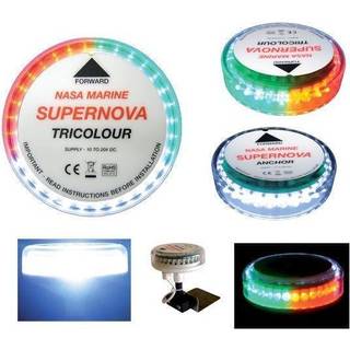 Kombinationslanterne til topmontering NASA Marine Instruments Supernova Combi Tri, 2.4 W, 10 - 20 V, 112.5°/112.5°/135°, polycarbonat, 113 x Ø91 mm, hvid/grøn/rød, til både &lt;20 meter + lyskilde LED 3 x 2.4 W