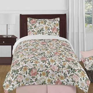 Sweet JoJo Designs Vintage Floral Boho Girl Twin Size Kid Childrens Bedding Comforter Set - 4 stykker - Blush Pink Yellow Green and White Shabby