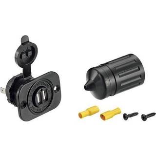 12 V oplader / biloplader, indbygget, sort, 12 V / 24 V, 2.1 A, USB-A + USB-A, med låg