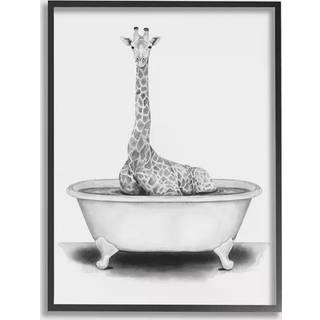 Stupell industrier giraff i et karbad sjovt dyre badev?relse tegning design af rachel neiman v?g art 16 x 20 sort indrammet