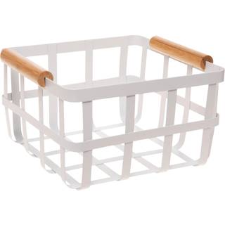 Forenkle firkantet metalopbevaringskurv med bambush?ndtag | Medium | Bondestiltr?dkurv | Hjemmearrang?r | Dekorativ | Rustik | Hvid