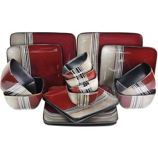 Elama Square Stoneware Loft Collection Thorware Dish Set 16 stykker rød og solbrun med hvide accenter