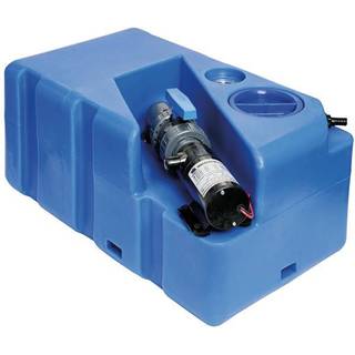 Septiktank / gråvandstank, 60 liter, med maceratorpumpe (24 V) &amp; Inspektionslåg, 650 x 390 x 300 mm, MDPE (polyethylen), blå