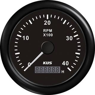 Omdrejningstæller &amp; timetæller til dieselmotor KUS, dugfri, Ø85 mm, 12 V / 24 V, generator, sort, 0 - 4000 rpm