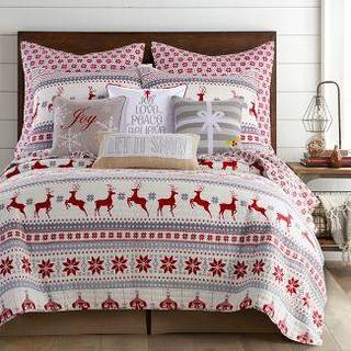 Levtex Home - Silent Night Quilt Set - Twin/Twin XL Holiday Quilt og One Standard Pillow Sham 20x26 - Christmas Fair Isle Deer - Red Grey White -