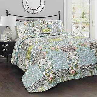 Frodig indretning King-Blue Roesser quilt | Patchwork blomster reversibelt print mønster land bondegård stil 3 stykke sengetøj sæt
