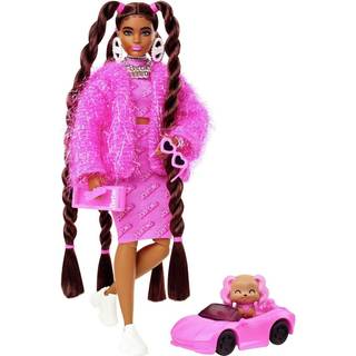 Barbie ekstra dukke og tilbeh?r med langt brunette stylet h?r i lyser?dt 2-delt t?j med glitrende jakke og k?ledyr hvalp