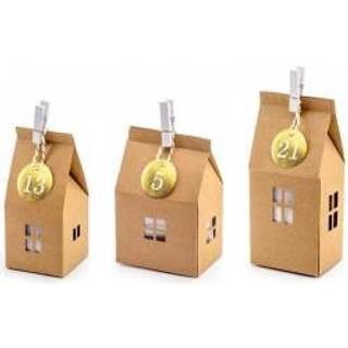 Julekalender Huse i Kraftfarve med Hvide Træklemmer og Guld Tags - DIY Sæt, 72 dele