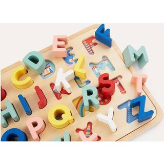 Petit Collage Multi -Language Alphabet Wooden Jigsaw Tray Puzzle - ABC -puslespil med 26 bogstavstykker og 4 ikonplader Sprogudvikling Leget?j p?