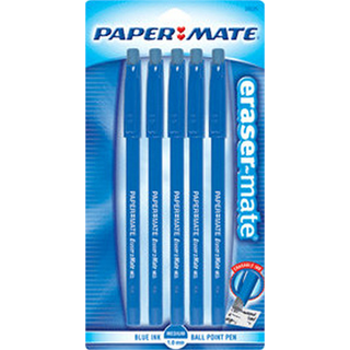 Paper Mate Erasmate Stick Ballpoint Pen Medium Point Blue Ink 5-Count