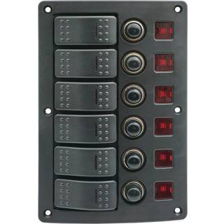 Strømafbryderpanel / sikringspanel 1852-Marine, 12 V (20 A) / 24 V (10 A), 6 afbrydere, med automatsikringer