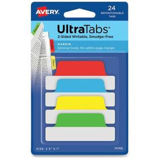 Avery Margin Ultra Tabs 2.5 """" X 1 """" 2-side skrivbare forskellige farver 24 Repositionable Page Tabs (74768)