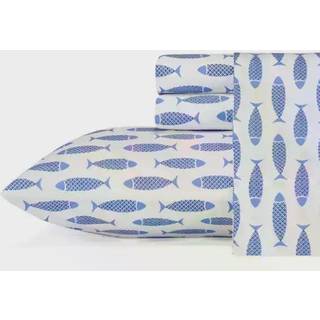 Nautica - Twin Sheets Bomuld Percale Senges?t Coastal Home Decor Sovesal Essentials (Woodblock Fish Blue Twin)