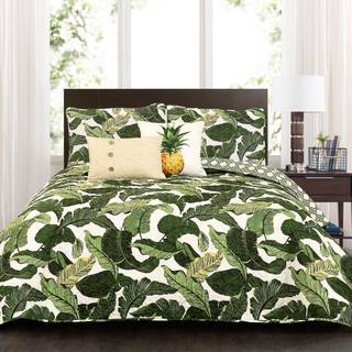 Frodig indretning King-Green Tropical Paradise Quilt-Leaf Palm Rainforest Reversible 5 Sty Bedding Set