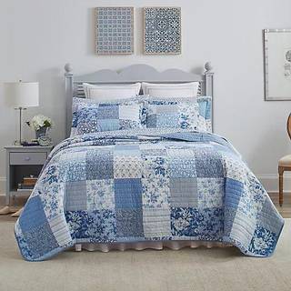 Laura Ashley King Patchwork Quilt-sæt - Vendbart bomuldssengetøj med matchende pudebetræk, Paisley-blomster i blå nuancer
