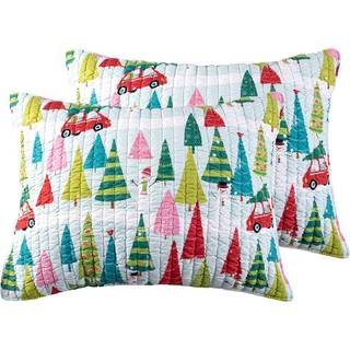 Levtex Home Merry & Bright Collecion - Holly Jolly - Quilted King Sham (Pack of 2) - Christmas Tree - Red Green Teal Pink - Reversible - Microfib