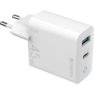 Champion 230V oplader GaN USB-C (PD 45W) / USB-A (QC 12W) - Hvid