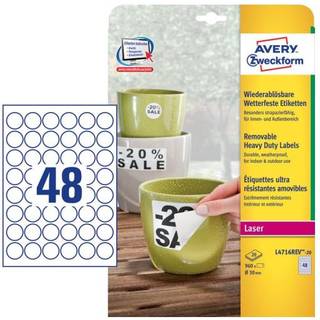 Avery L4716REV-20 Heavy duty etiketter, aftagelige, hvide, Ø 30mm, 48 pr. ark, 20ark