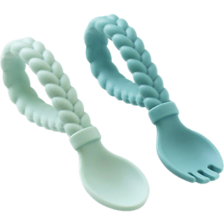 Itzy Ritzy Silicone Spoon & Fork Set; Baby redskaber med en baby gaffel og ske med loopede flettede h?ndtag - lavet af 100% f?devarekvalitet sili