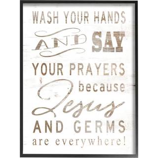 Stupell Industries White Wood Look Jesus og bakterier er overalt Vask dine h?nder Sign sort indrammet v?g Art 24 X 30 Design af kunstneren Cindy