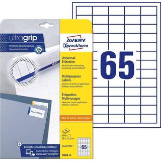 Avery 3666-10 hvide 65 pr.ark, blaek og laserprinter 38x21,2 10ark