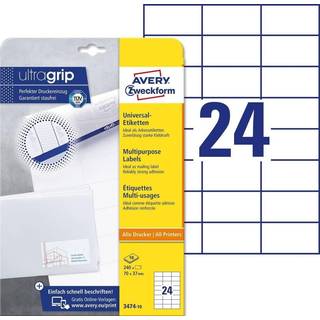 Avery 3474-10 hvide 24 pr.ark, blaek og laserprinter 70x37 10ark