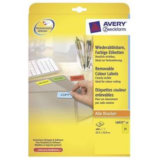 Avery L6035-20 Aftagelige gule etiketter, 24 pr. ark 63,5x33,9 20ark