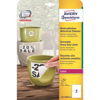 Avery L4717REV-20 Aftagelige stærke hvide etiketter, 199,6 x 143,5 mm, 2 pr. ark, 20ark