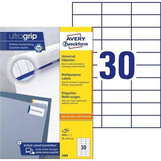 Avery 3489 hvide labels 30 pr. ark, blaek og Laserprinter 70x29,7 100ark