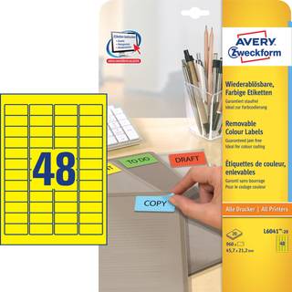 Avery L6041-20 Aftagelige gule etiketter, 48 pr. ark 45,7x21,2 20ark