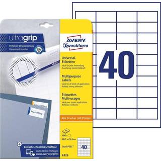Avery 6126 hvide 40 pr.ark, blaek og laserprinter 48,5x25,4 10ark
