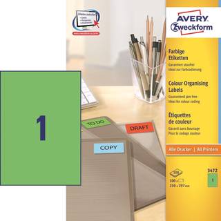 Avery 3472 Universale Etiketter, grønne 210x297, 1 pr. ark, 100ark