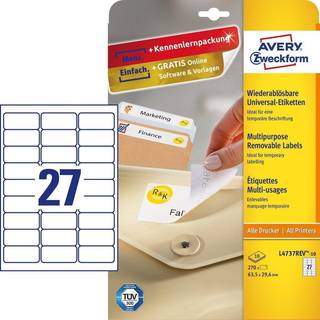 Avery L4737REV-10 aftagelige etiketter 63,5x29,6mm, 10ark