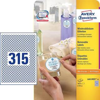Avery L6019REV-25 Special formede runde labels, aftagelige Hvide, 315 pr. ark (25ark)