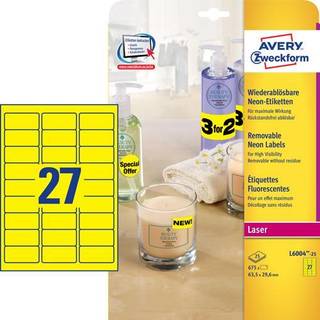 Avery L6004-25 Square etiketter neon, gule 27 pr. ark 63,5x29,6 25 ark