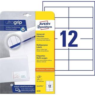 Avery 6123 hvide 12 pr.ark, blaek og laserprinter 97x42,3 10ark