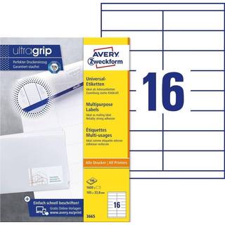 Avery 3665 hvide labels 16 pr. ark, blaek og Laserprinter 105x33,8 100ark