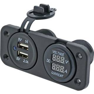 USB-stik med volt- &amp; amperemåler 1852-Marine, indbygget, sort, 12 V / 24 V, 1 + 2.1 A, USB-A + USB-A, med låg