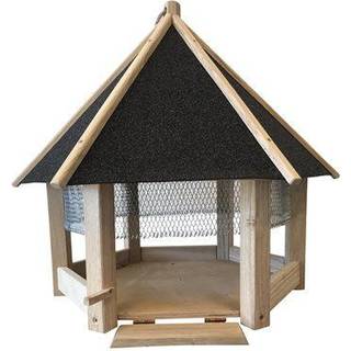 Fuglefoderhus med net. Udført i FSC certificeret olieret egetræ med tag i sort tagpap. ø54 cm.