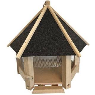Fuglefoderhus med net. Udført i FSC certificeret olieret egetræ med tag i sort tagpap. ø44 cm.