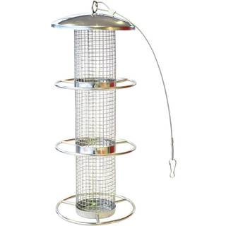 Fuglefoderautomat til nødder til havens vilde fugle i rustfrit stål. Smart foderautomat med 3 sidderinge.