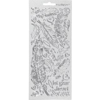 Sølv Fjer Stickers - 10x23 cm, Selvklæbende Ark