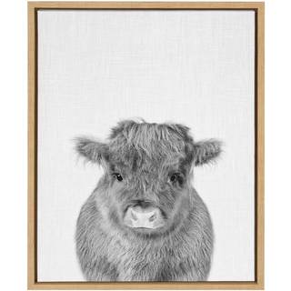 Kate og Laurel Sylvie Baby Calf Farm Animal Print Black and White Portrait Framed Canvas Wall Art Natural 18x24